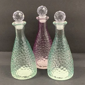 Set of 3 Pebbled Glass Bottles with Stoppers (2 Green & 1 Purple) Fairy Whimsy - Picture 1 of 5