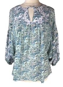 Top tunica camicia Anokhi (taglia M) 100% cotone blu floreale maniche lunghe dolman - Foto 1 di 14