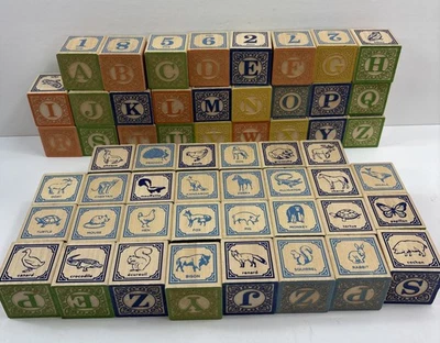 Tio Ganso Carta de Madeira Animal Número Lote de 56 Blocos ABC Criado em Relevo EUA - Imagem 1 de 4