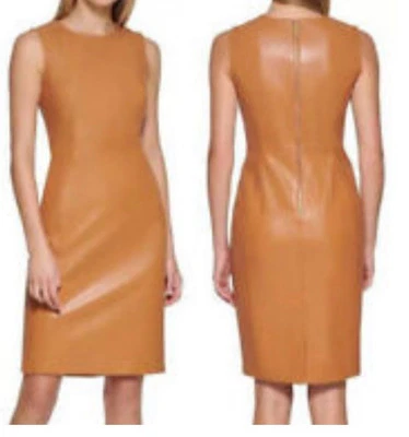 Calvin Klein Faux Leather Pencil Dress in Camel- Size 2 - small- New with Tags - Image 1 of 4