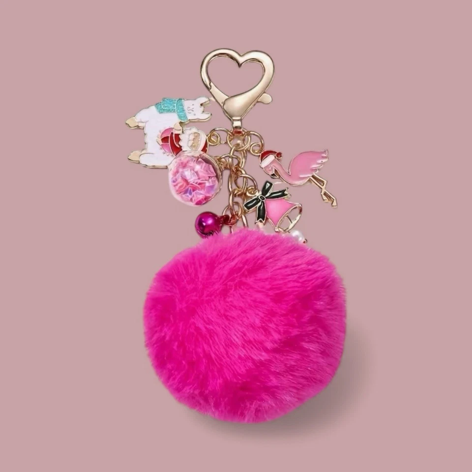 Berloque bolsa chaveiro Natal rosa Pom Pom - lhama flamingo - Imagem 1 de 4