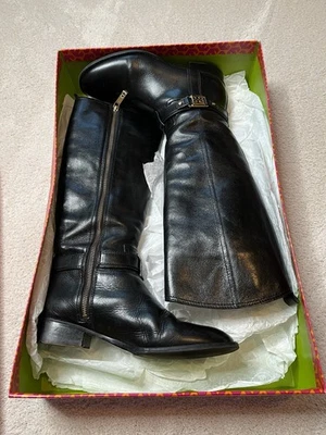 Tory Burch Alessandra Tall Black Leather Riding Boots Gold Buckle Women Size 8.5 - Image 1 of 4