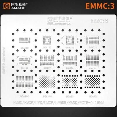 AMAOE BGA Reballing Stencil EMMC 2 3 per Android EMMC/EMCP/UFS/UMCP/LPDDR/PCIE - Immagine 1 di 4