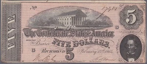 Confederate T69 Five Dollar Note - Picture 1 of 2