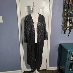 Neu ohne Etikett Damen 2XL atemberaubender schwarzer Pailletten Kimono Jacke Weihnachten Party Urlaub Neujahr - Bild 1 von 9