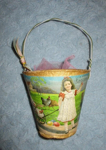 Vintage France Paper Mache Small Easter Greeting Wire Handle Basket Pail - Pink Cover