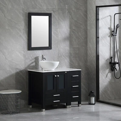 Mueble tocador de baño de 36" cuenco de cerámica lavabo con espejo y grifo conjunto combinado Foto 1 de 4
