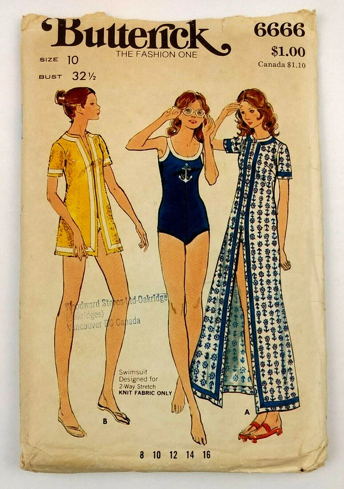 Butterick 6666 Misses Swimsuit And Cover Up Size 10 Vintage 1970s Complete - Image 1 of 3