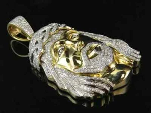 2Ct Round Cut Simulated Diamond Men's Jesus Shape Pendant 14K Yellow Gold Plated - Picture 1 of 5