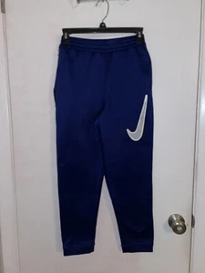 Nike Dri-Fit Boys L Blue Big Swoosh Fleece Lined Joggers Sweat Pants Zip Pocket - Picture 1 of 3