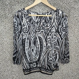 White House Black Market Top Womens 8 Black Paisely Print Satin Blouse Casual - Picture 1 of 7