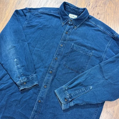 Vintage LL Bean Shirt Mens XL Blue Denim Ribbed Cotton Button Up Western Pocket - Image 1 of 4