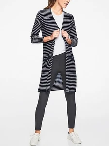 Athleta Retreat Wrap Cardigan Women’s Medium Navy Striped Silk Cashmere Open - Picture 1 of 5