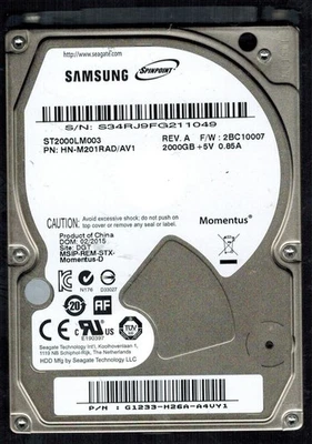 ST2000LM003 P/N: HN-M201RAD/AV1 S/N: S34RJ 2BC10007 SAMSUNG 2TB CHINA FEB 2015 - Image 1 of 2