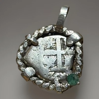 Authentic Spanish-Colonial 1-Real Silver Shipwreck Cob Coin in Bezel w/ Emerald - Image 1 of 4