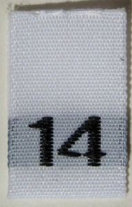 100 STCK. GEWEBTE WEISSE KLEIDUNGSGRÖSSENETIKETTEN - GRÖSSE 14 - Bild 1 von 1
