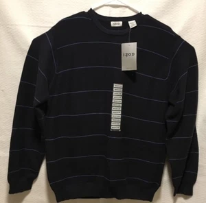 Mens Izod Sweater Medium Dark Blue W Light Blue Stripe 100% Cotton Crew Neck NWT - Picture 1 of 6