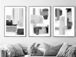 monochrome decor paint brushstroke set of 3- wall art decor- black grey white