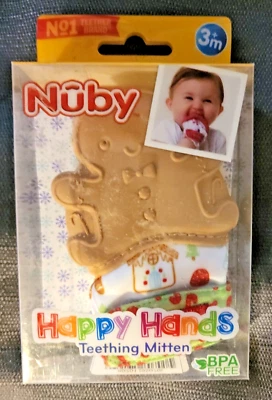 Happy Hands Holiday Teething Mitten Nuby Ginger Bread Man BPA Free 3+ Mth (T22) - Image 1 of 2