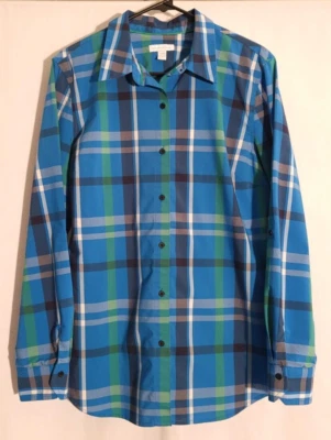 Charter Club-Camisa Top Mujer Azul Verde Blanco A Cuadros Manga Larga Botón-GRANDE Foto 1 de 4