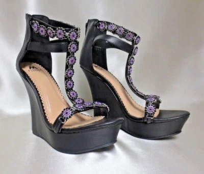 Sandalias de vestir Madison by ShoeDazzle negras/púrpura con plataforma de gladiador con joyas 8,5 Foto 1 de 4