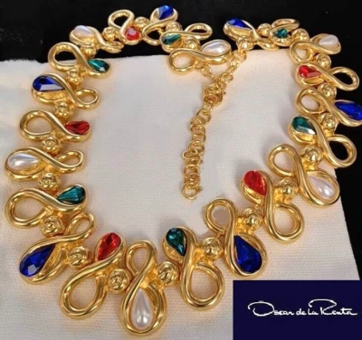 COLLANA  OSCAR DE LA RENTA  gr145 GIADA,ZAFFIRI,RUBINI,PERLE,ORO-GIALLO,PREZIOSA - Immagine 1 di 4