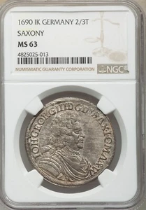 Germany - 1690 - Saxony - 2/3 Taler - NGC MS63 - SECOND FINEST KNOWN - Picture 1 of 2