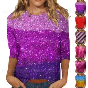 Ladies Summer Round Neck Casual Women's Print 3/4 Sleeve Blouse Tops T Shirt 5 - Picture 1 of 30