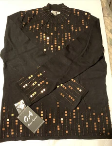 NWT Once 1 Again Large Solid Black Copper Sequins Long Sleeve Elegant Blouse Top - Picture 1 of 11