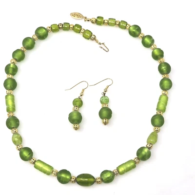 Vintage Green Murano Art Glass Bead Necklace, Filigree Gold Beads & Earrings  - Image 1 of 4