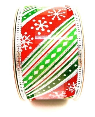 Christmas  Snowflakes Striped Ribbon,Red,Green,White,Wired, 1.5"x 12ft, Jo-anns - Image 1 of 2