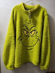 The Grinch Sherpa Pullover Sweater 1/4 Buttons Men's XL Soft Dr Seuss - Picture 1 of 8