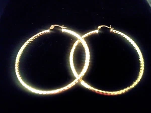 BIG 14KT GOLD CLAD DIAMOND CUT ROUND HOOP EARRINGS 2 1/4 INCH SPARKLE + BONUS - Picture 1 of 1