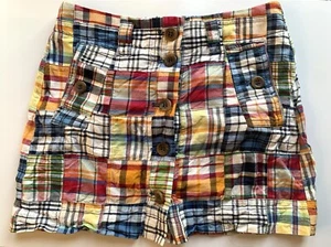 J Crew Patchwork Madras Plaid Mini Skirt • Size 0 • Classic Preppy Big Buttons - Picture 1 of 3