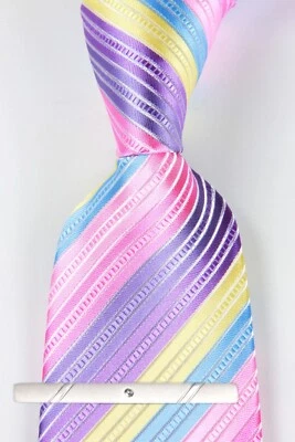 New Classic Striped Pink Blue Purple Jacquard Weave 100% Silk Men's Necktie Tie - image 1 of 4