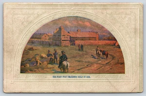Cartolina d'epoca Il primo forte Dearborn costruito nel 1803 Illinois soldati cavalli - Foto 1 di 3