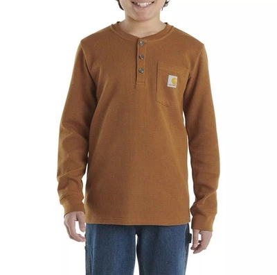 Camisa Carhartt Boy’s Grande 14-16 Marrom Waffle Malha Logotipo Henley G Algodão - Imagem 1 de 4