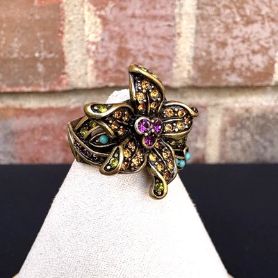 Heidi Daus Ring 6 3/4 Petal Flower Multi Colored Crystals Turquoise - Image 1 of 4