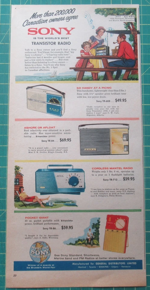1960 Canadian Sony ad TR-84, 86, 608, 712, & 812 Transistor Radio - Image 1 of 1