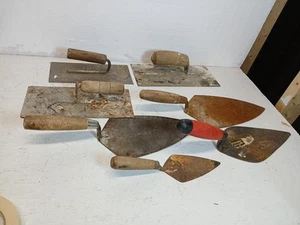 Lot Of 7 Concrete Cement Hand Mason Tool Lot Masonry Trowels Vintage 1 Hammer - Picture 1 of 8