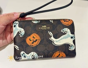 Coach Corner Zip Wristlet With Halloween Ghost Pumpkin In Signature Canvas Print - Picture 1 of 4
