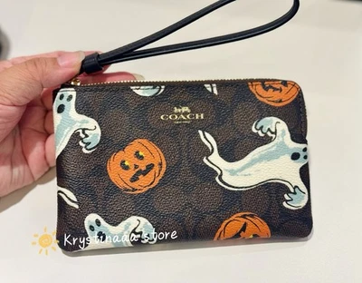 Coach Corner Zip Wristlet With Halloween Ghost Pumpkin In Signature Canvas Print - Image 1 of 4
