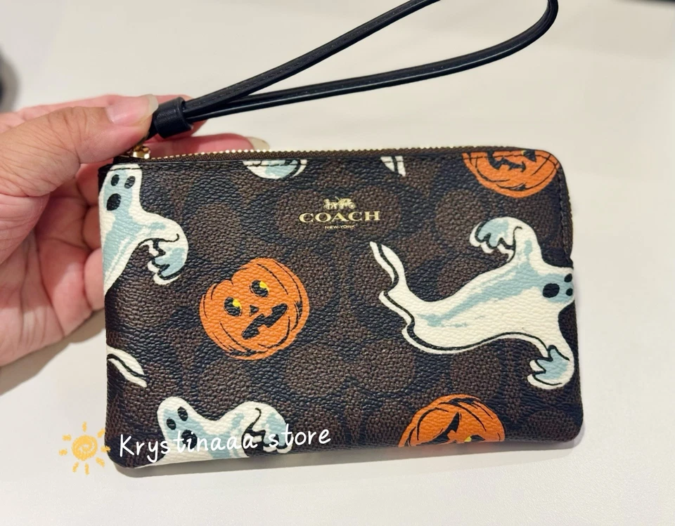 COACH 2025 Corner Zip Wristlet With Halloween CCL21 Gold/Walnut