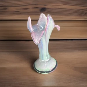 Art Glass Hand Blown Pink Blue Green Swirl Flower Petal Shape Vase 8 Inch - Picture 1 of 4
