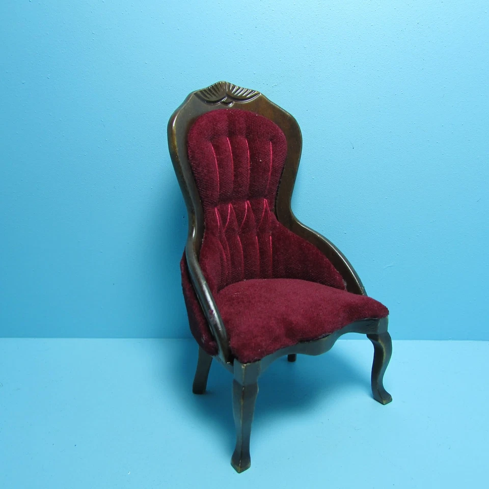 Dollhouse Miniature Wood Victorian Red Velour Ladies Chair in Walnut CLA10969 - Image 1 of 1