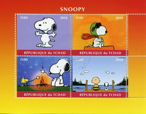 Snoopy Stamps Chad 2018 CTO Peanuts Charlie Brown Comics Cartoons 4v M/S Cover