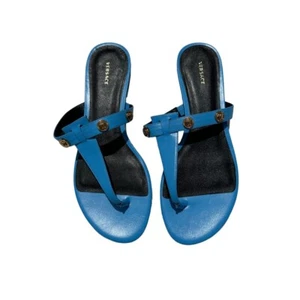 Versace Metal Medusa Studs Sandals Flip Flop Size 37 IT / 7 US Blue - Picture 1 of 10