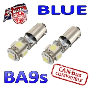 2 X BA9S BLUE LED BULBS 5 SMD 233 T4W SIDE LIGHT PLATE INTERIOR BRIGHT - Picture 1 of 3