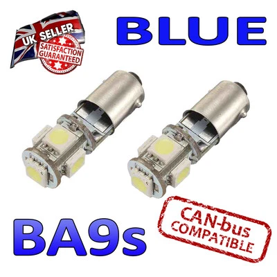 2 X BA9S BLUE LED BULBS 5 SMD 233 T4W SIDE LIGHT PLATE INTERIOR BRIGHT - Image 1 of 3