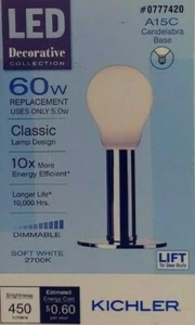 1 PK NEW KICHLER DIMMABLE LED 60W 5W BULB A15C CANDELABRA BASE SOFT WHITE USA - Picture 1 of 3